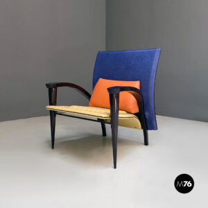 Poltrona in legno e pelle multicolore, 1980 ca.