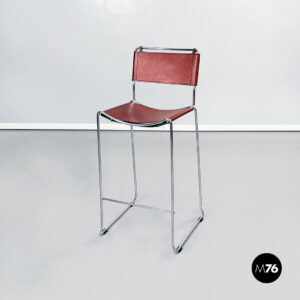 Sgabello in pelle marrone e acciaio,  1980 ca.