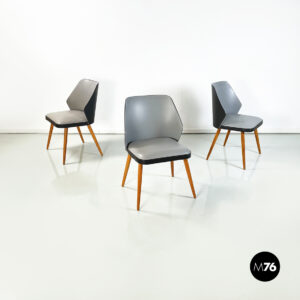 Sedie in legno, pelle nera e grigia, 1980 ca.