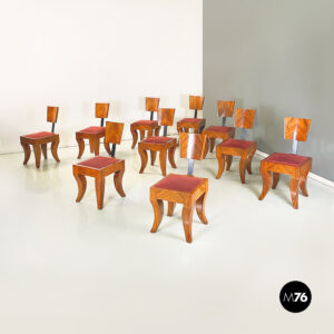 Sedie in legno massello e tessuto rosso, 1920-1930 ca.