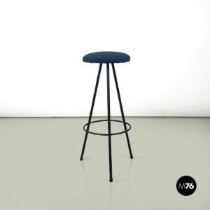 Sgabello in metallo nero e tessuto blu, 1950 ca.