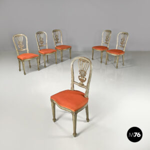 Sedie in legno verde ed oro e tessuto arancio, 1700 ca.