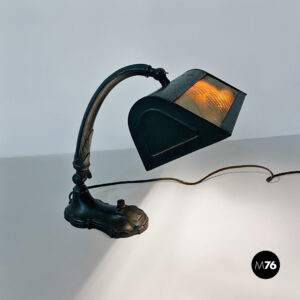 Lampada da tavolo ministeriale in metallo e tessuto, 1900 ca.