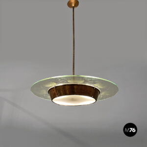 Lampadario con decorazione in vetro e rame, 1940 ca.