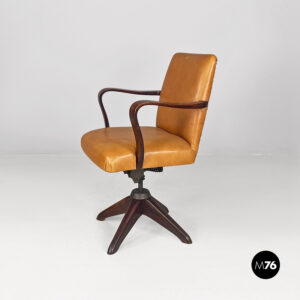 Poltrona da ufficio in pelle marrone e legno, 1960 ca.