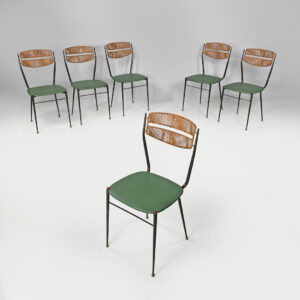 Sedie in metallo, rattan e finta pelle verde, 1960 ca.
