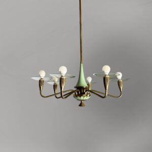 Lampadario in ottone, vetro e metallo verde, 1950 ca.
