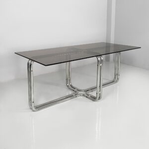 Tavolo da pranzo in vetro fumè e acciaio, 1970 ca.