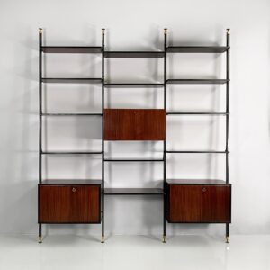 Libreria modulare in legno e metallo nero, 1960 ca.