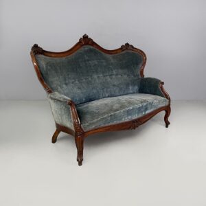 Divano in velluto azzurro e legno, 1930 ca.