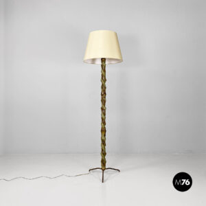 Lampada da terra in legno verde, ottone e tessuto, 1950 ca.