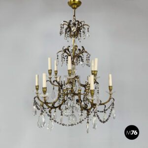 Lampadario a gocce in vetro e ottone, 1900-1950 ca.