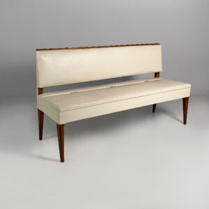 Panca in pelle bianca e legno, 1940 ca.