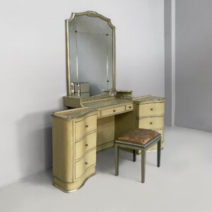 Consolle da trucco con specchio e sgabello in legno, 1930 ca.